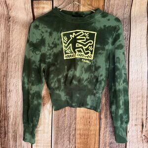 Keith Haring Green Tie Dye Cropped Sweatshirt Small Graphic Streetwear Casual